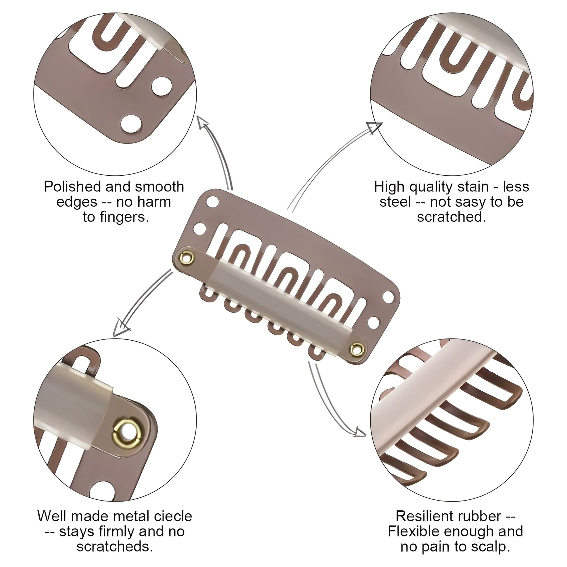 Snap Clips for Hair Extensions Spinning 20 Pieces U-Shape Metallic Wig Clips with Silicone Rubber - Natural Hair and Wigs