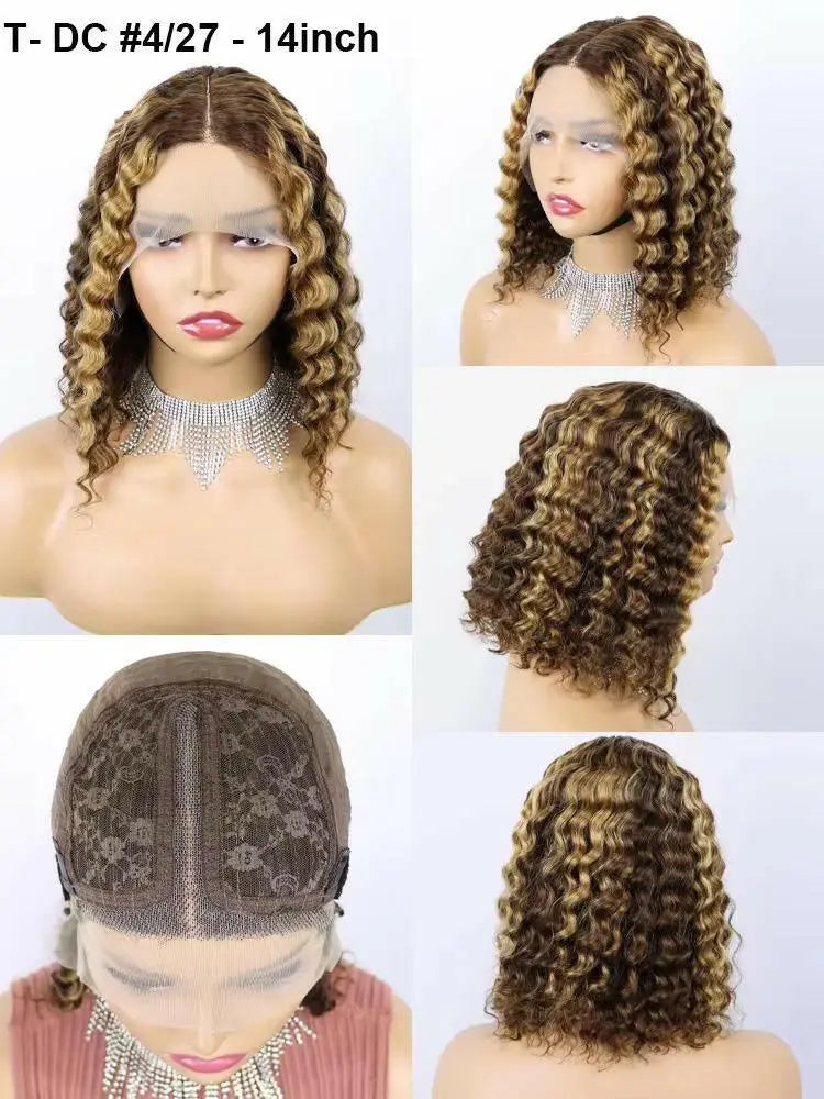 Highlights Human Hair Middle Part Curly Ombre Bob Wig Italian Hair - Natural Hair and Wigs