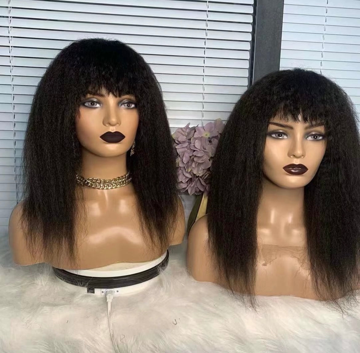 Human Hair Yaki Kinky Straight Bang Wigs Kinky Straight Fringe Wig - Natural Hair and Wigs