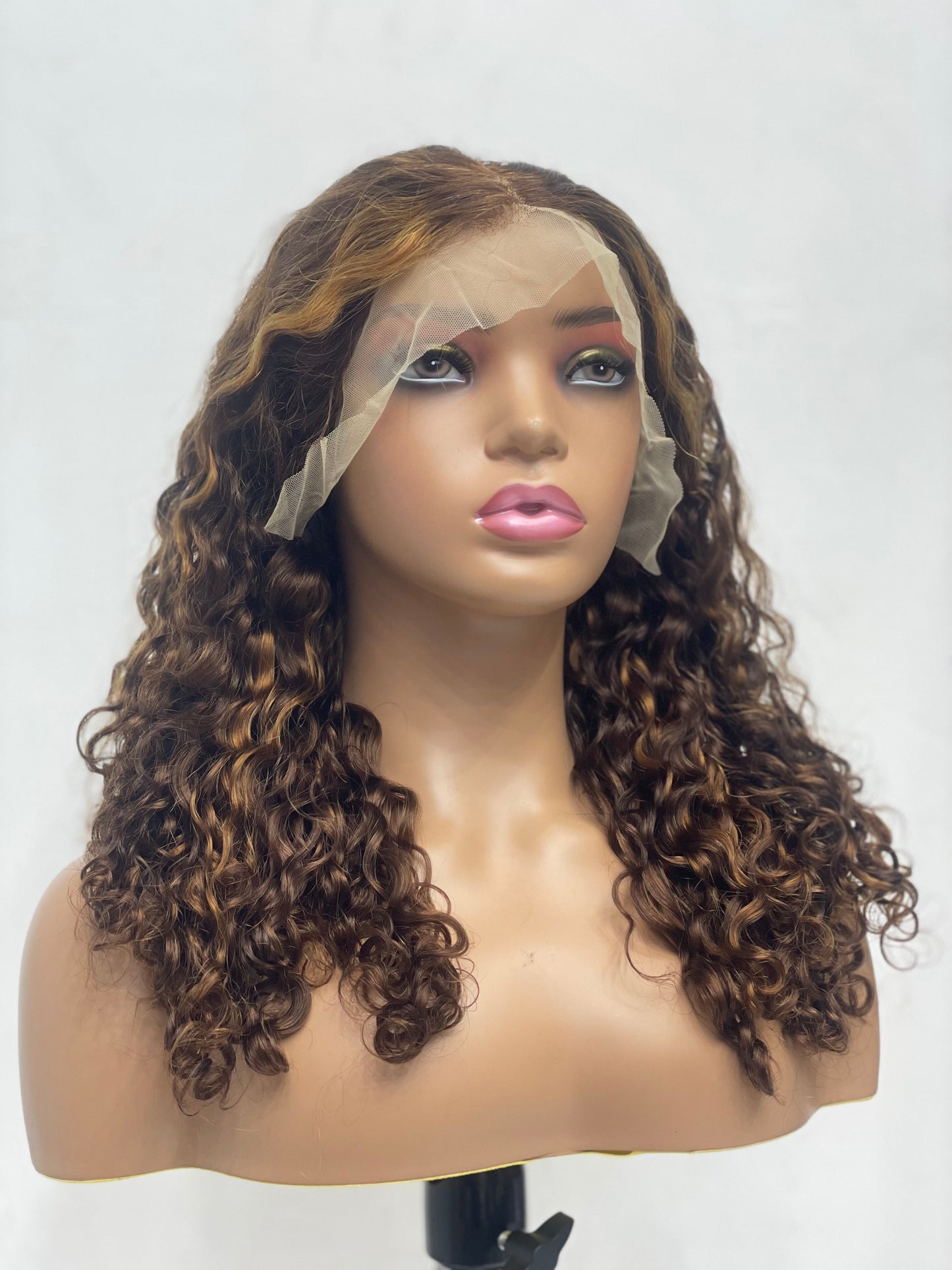 Curly Lace Front Wigs with Brown Highlights
