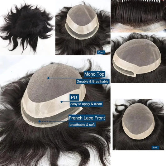 Men's Toupee French Lace Front Human Hair Pieces For Men Hair System - Natural Hair and Wigs