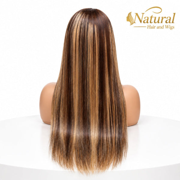 Styled Dark Highlight Lace Front Wig featuring straight human hair and natural brown highlights.