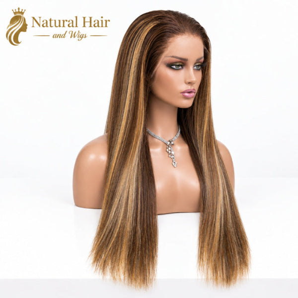 Side profile view showcasing the seamless cap fit of a straight human hair highlight lace wig.