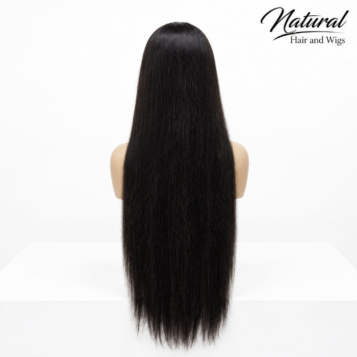 180 density human hair lace wig with full long straight style.