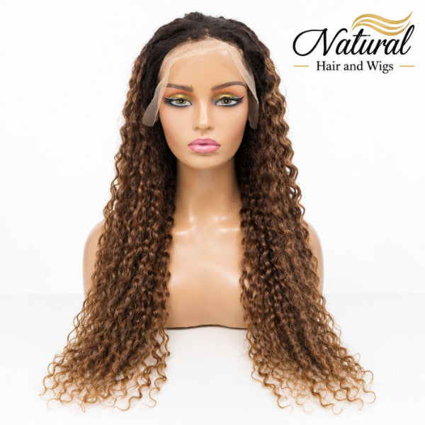 Close-up of 1B 4 Curly Lace Front Wig showcasing transparent lace and voluminous curls.