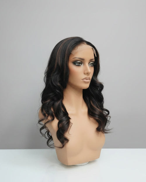 1B 4 Highlight Wig Body Wave. 
chocolate brown highlight wig. 
glueless highlight body wave wig. 
best human hair wigs in Abu Dhabi. 
Back View of Long Wavy Human Hair Wig with Chocolate Brown Highlights
