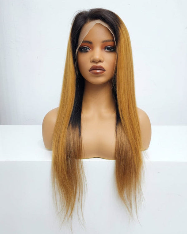 Straight 1B 27 lace front wig with dark roots and honey blonde highlights on a mannequin stand