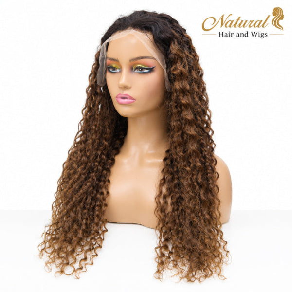 Side view of 1B 4 human hair curly lace wig on display with flowing spiral curls.