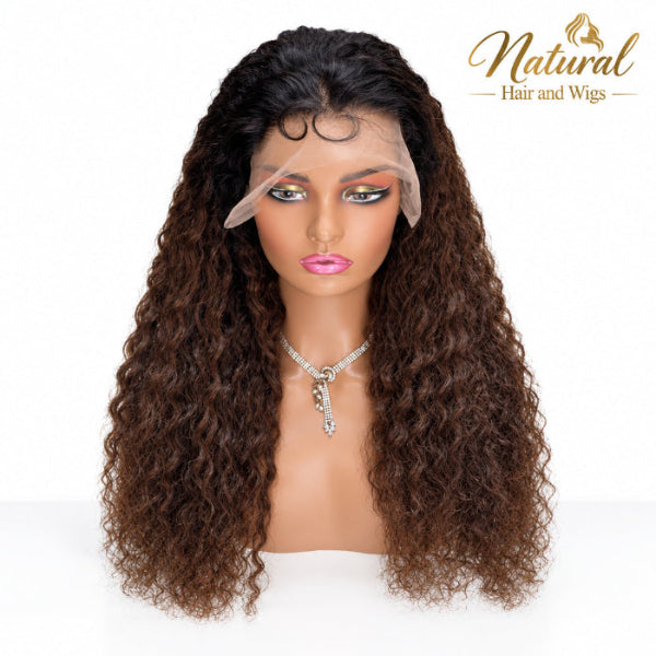 Frontal view of 1B 4 Curly Lace Front Wig highlighting natural parting space.