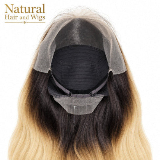Luxury Human Hair Wig with dark brown roots and ash blonde lengths.