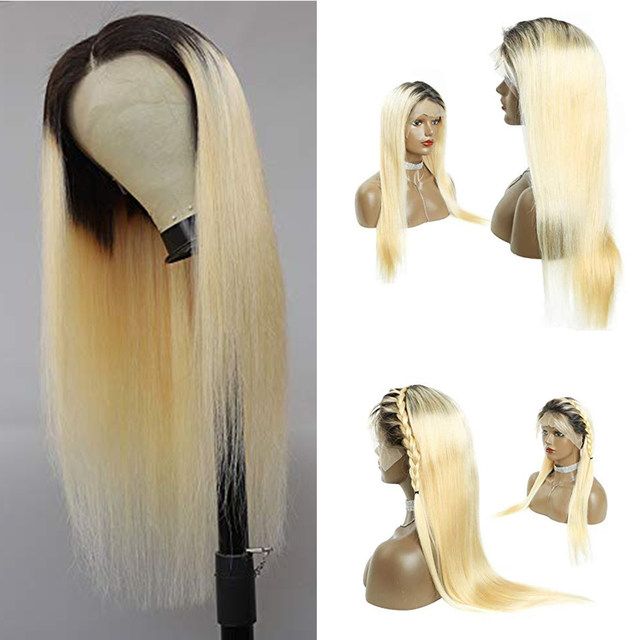 Straight Black Blonde Human Hair Lace Wig with natural pre-plucked hairline.