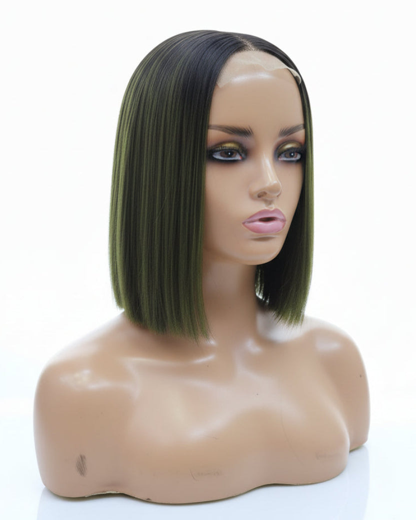 Side profile of a green human hair bob wig featuring a sleek straight cut.