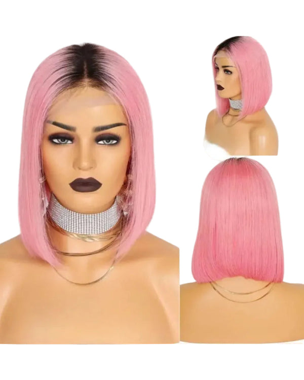 1b pink human hair bob lace wig