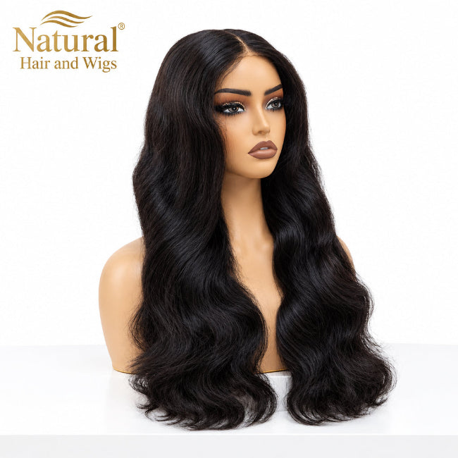 High Density Human Hair Glueless Wig styled in soft body waves on a mannequin.