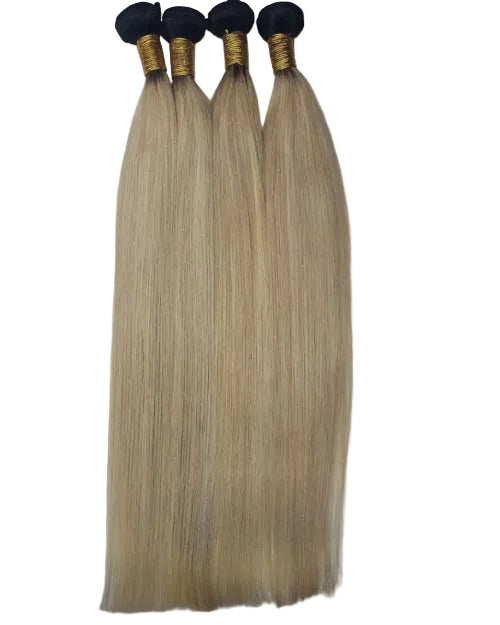 613 Platinum Blonde Hair Bundles. 
Honey Blonde Hair Bundles Dubai. 
1B 613 Ombre Hair Extensions. 
Single blonde hair weave bundle with gold thread wrapped top. 
Dark root blonde human hair extension bundle front view. 