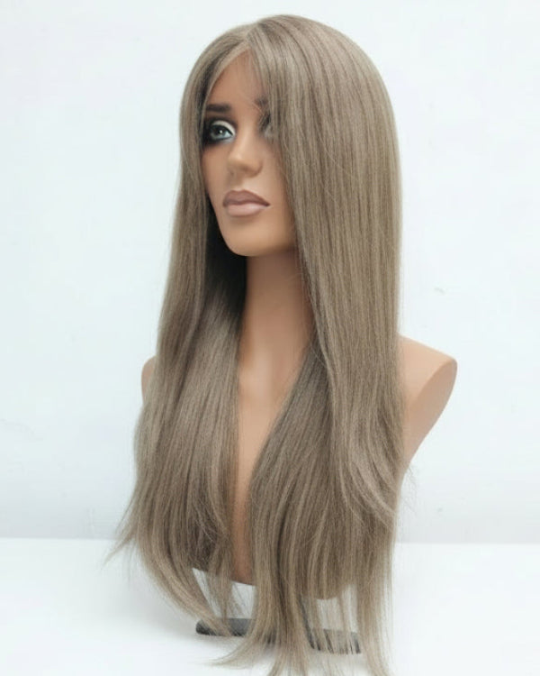 Pre-plucked natural hairline and HD lace parting on ash brown straight wig