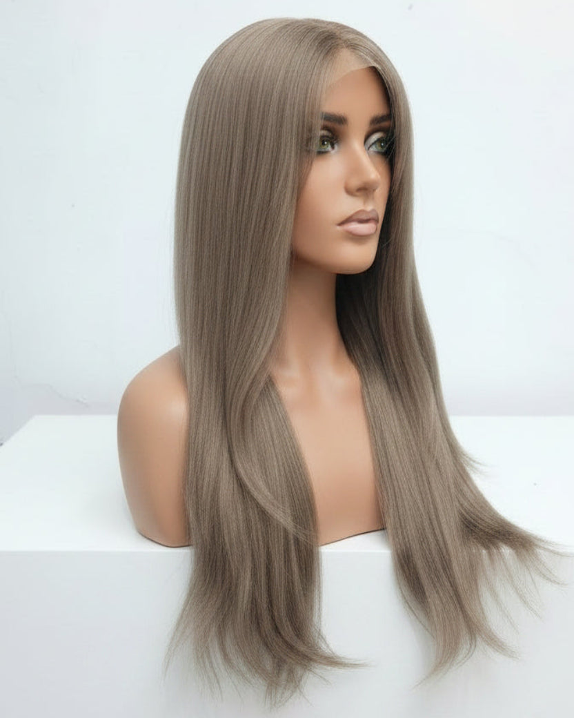 Side profile of long ash brown straight wig made with real human hair