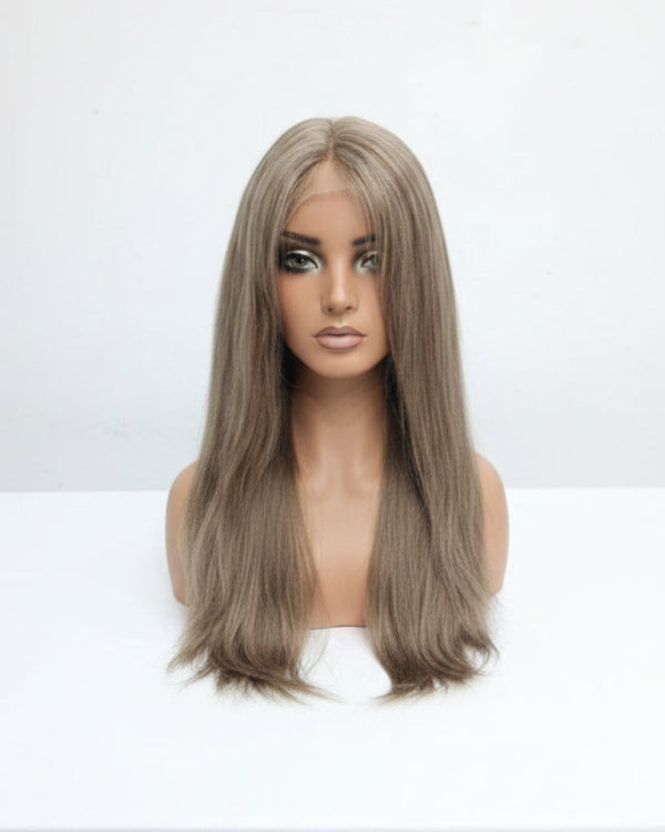 Ash brown straight lace front wig featuring transparent lace center parting