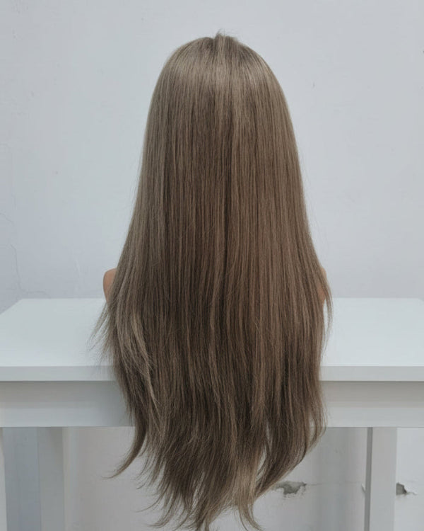Back view showing full length and smooth texture of straight ash brown hair wig