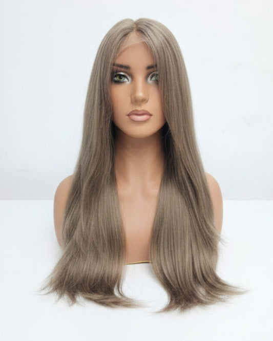 Front view of ash brown straight human hair wig with middle part on mannequin
