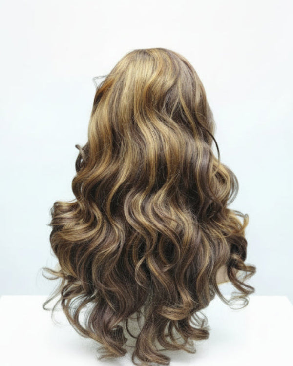 Brown and blonde highlight human hair closure wig