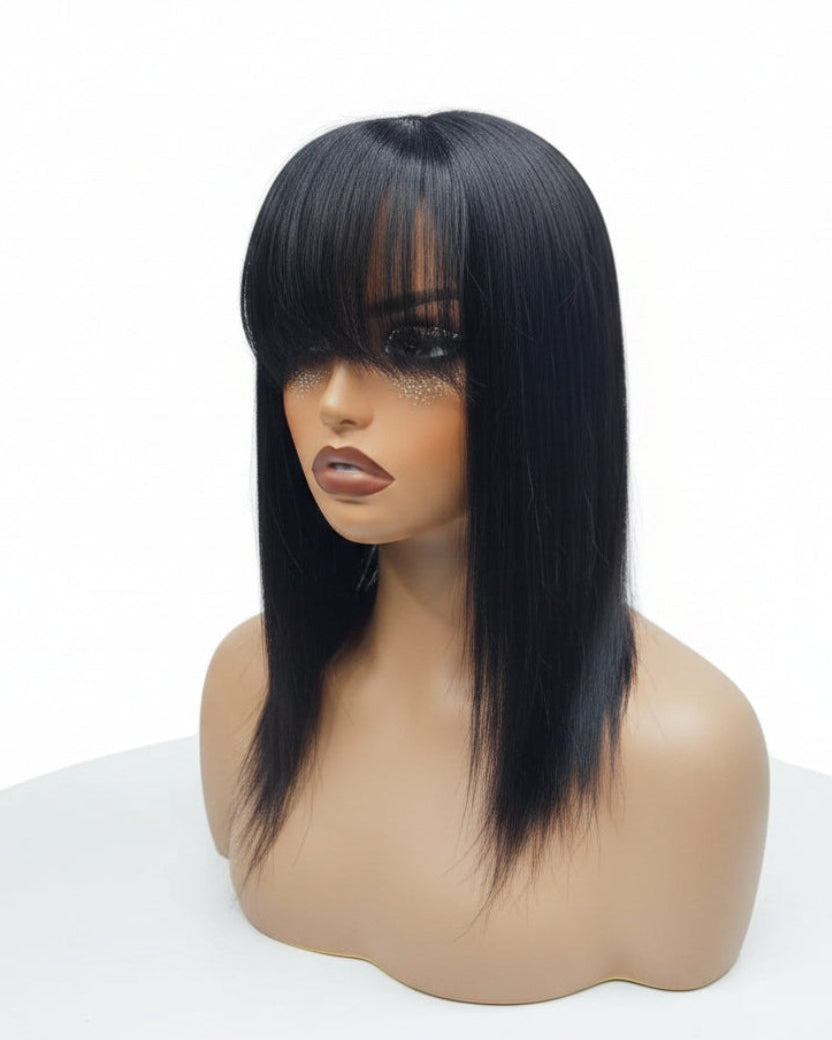 Human hair topper with bang in natural black front view