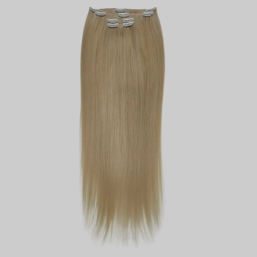 Blonde clip in human hair extension wefts with multi piece snap clips for instant volume