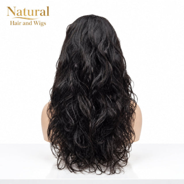 Rear view of a premium Wavy V Part Wig highlighting long human hair strands.