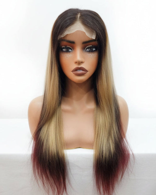 Best brown ombre wig made from 100% human hair on display mannequin, featuring straight dark root brown hair transitioning to honey blonde.