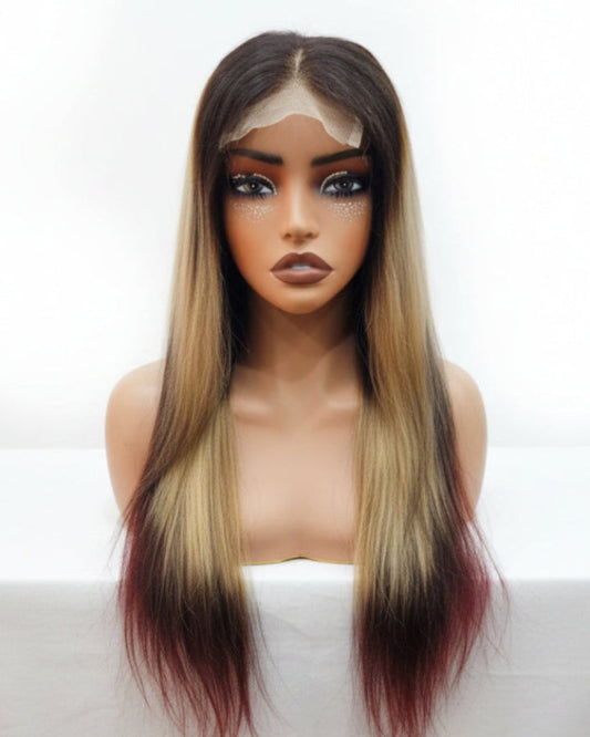 Best brown ombre wig made from 100% human hair on display mannequin, featuring straight dark root brown hair transitioning to honey blonde.