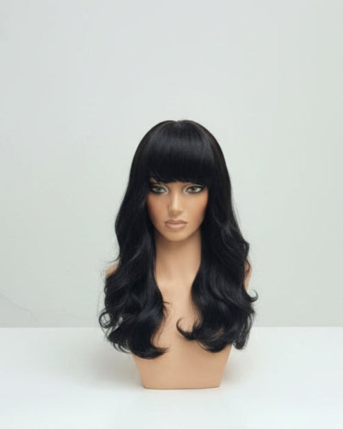 Styling versatile Wavy Wig with Curtain Bangs. Real human hair texture.