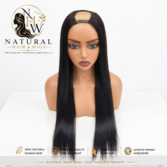Best U Part Wig in natural straight texture displayed on a mannequin head.