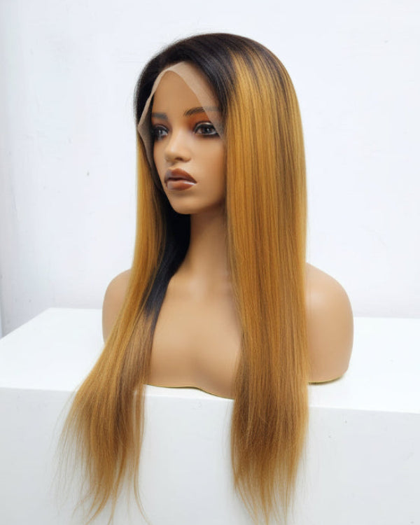 Side view of 1B/27 human hair lace front wig showing pre-plucked HD lace frontal and dark root contrast