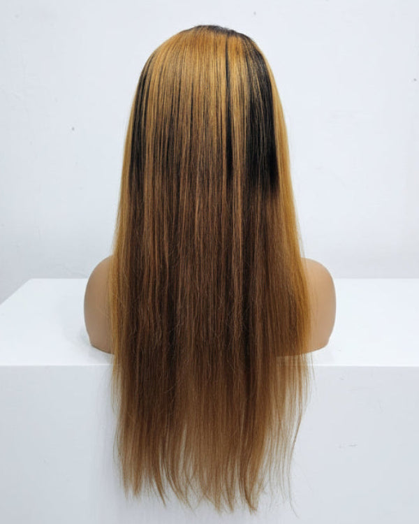 1B/27 straight human hair lace wig – black and honey blonde mix