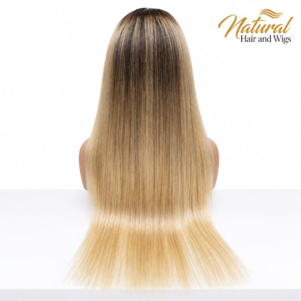 Dark Root Blonde Ombre Wig top-down view of the root melt transition.