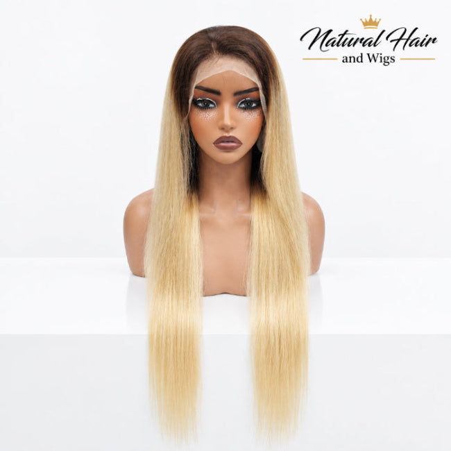 Blonde Ombre Wig Dubai styled with natural dark roots and platinum strands.