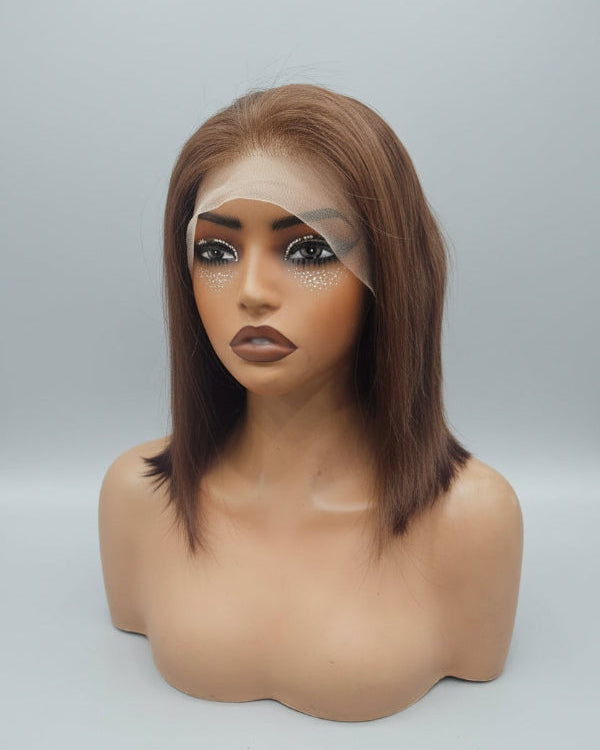 Bob Wig UAE. 
Back view of a short brown bob wig human hair displaying blunt cut ends and smooth natural sheen. 