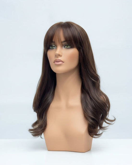 Side profile of a Wavy Wig with Curtain Bangs highlighting face-framing layers.