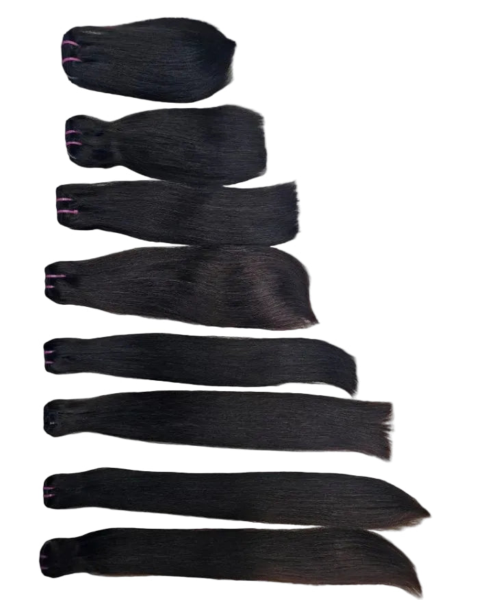 100% bone straight human hair bundles displayed in sleek black finish
