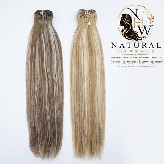 Premium brown blonde highlight bundles displayed on a wooden surface showing multi-tone human hair wefts.