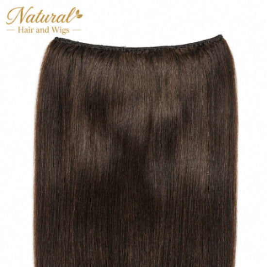 Brown human hair clip on extensions styled for a smooth finish.