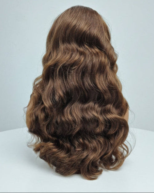 Brown lace front wig with soft body wave texture