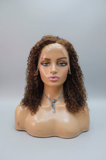 Brown Kinky Curly Human Hair Wig. 
Brown Kinky Curly Human Hair Wig. 
Brown Highlight Curly Wig. 
13x4 Kinky Curly Wig. 
Glueless Kinky Curly Wig. 
Brown kinky curly human hair wig with 13x4 HD lace closure on model. 