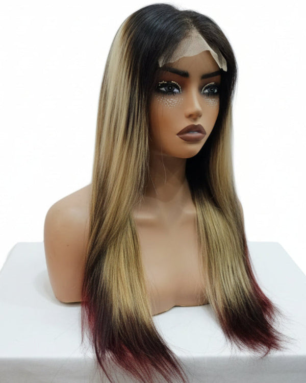 Close-up of glueless HD lace front on a brown ombre closure wig with soft blonde face-framing highlights.