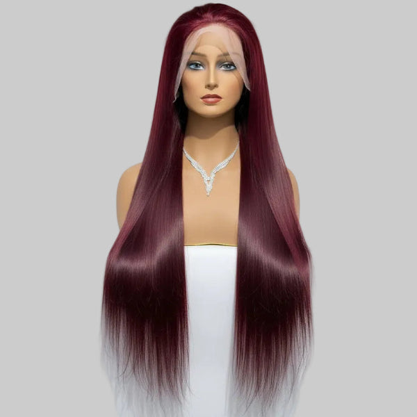 Full front view of the straight burgundy/wine red wig.