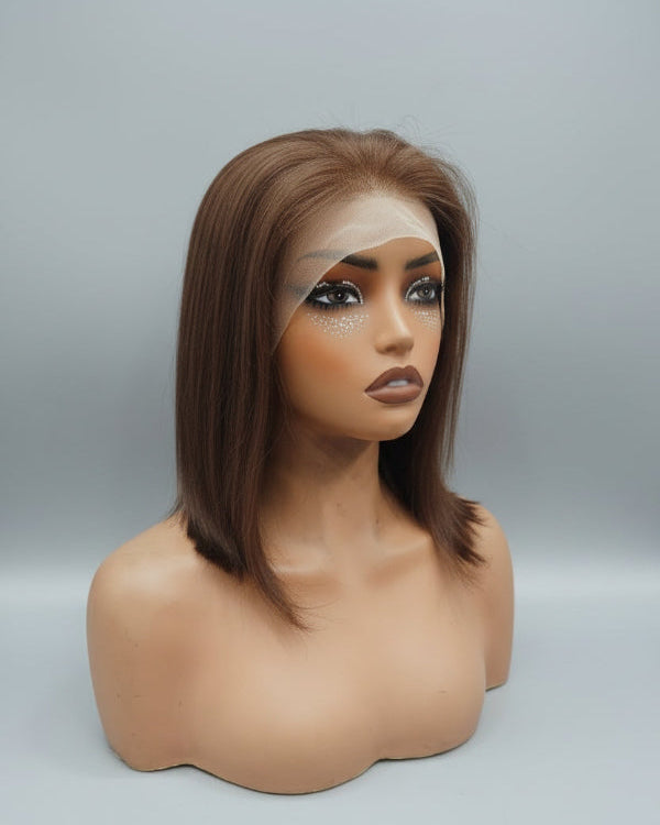 Chestnut Brown Lace Front Wig. 
Side profile showing chestnut brown lace front bob wig hairline and silky straight human hair texture. 