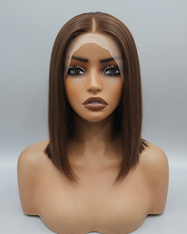 Chocolate Brown Bob Wig. 
Front view of a chocolate brown bob wig human hair with pre-plucked lace front on a mannequin. 
Chestnut brown bob wig human hair featuring a natural pre-plucked lace front