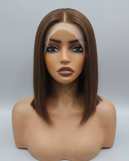 Chocolate Brown Bob Wig. 
Front view of a chocolate brown bob wig human hair with pre-plucked lace front on a mannequin. 
Chestnut brown bob wig human hair featuring a natural pre-plucked lace front