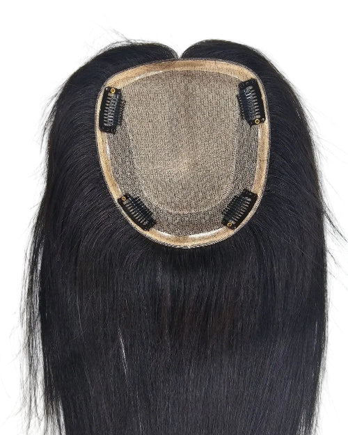 Inner view of clip in hair topper showing 4 secure clips