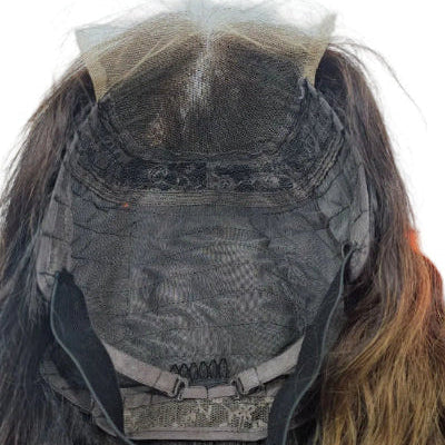 human hair wig with dark roots styled straight on a mannequin.